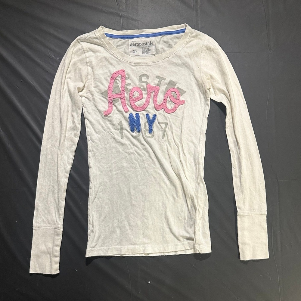 Aeropostale White Long Sleeve Graphic T-Shirt Pink Blue Aero NY Size S